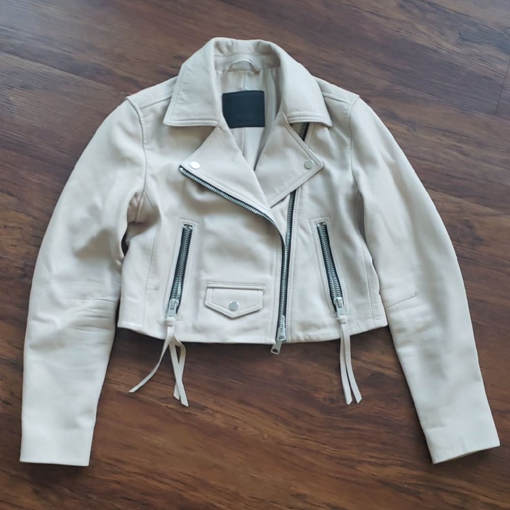 All Saints Pale Pink Cream Leather Chic Edgy Feminine Cropped Elora Biker Size 6 - Picture 2 of 13